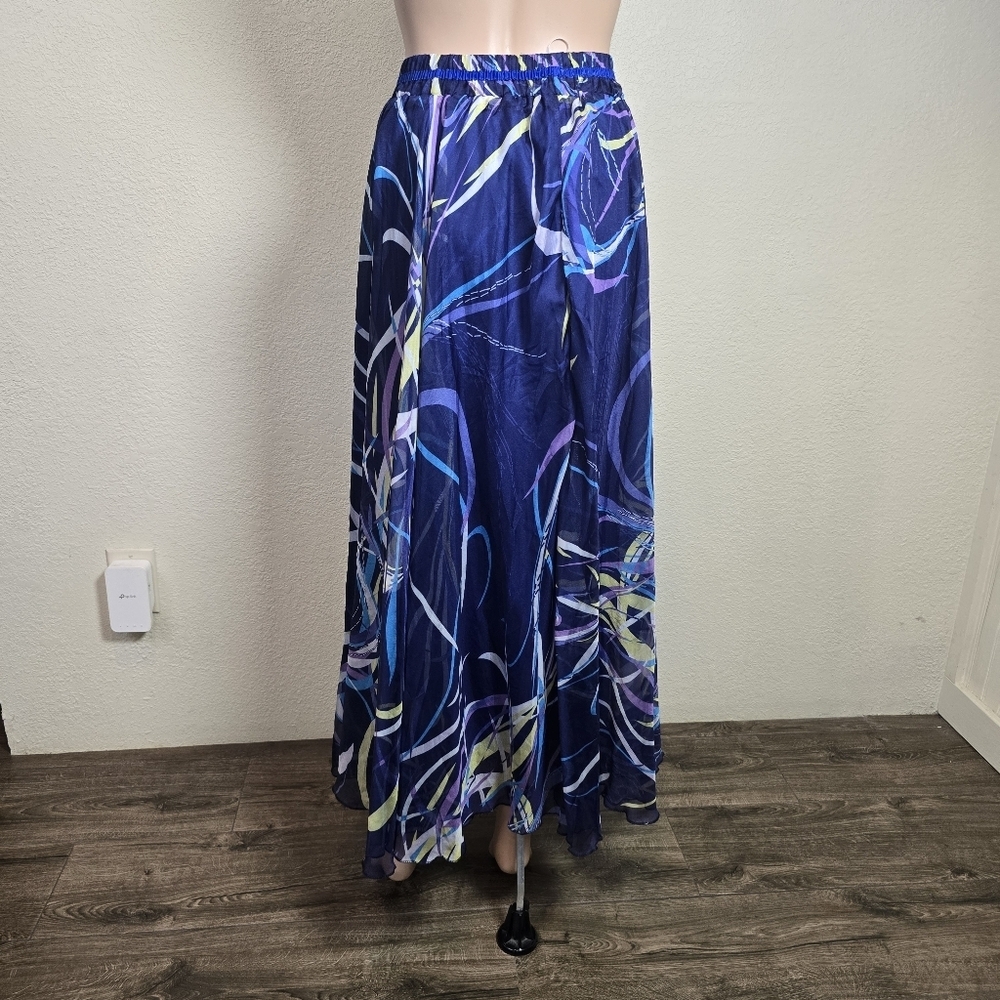 Afibi Skirt Women's Chiffon Lined Size L/xl Maxi Skirt Elastic Waist Blue I - Picture 2 of 8